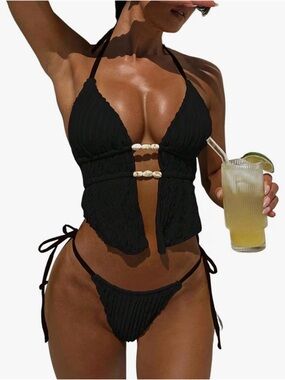 NWT ZAFUL Halter Swimsuits for Women Backless High Cut Two Piece Bikini Set